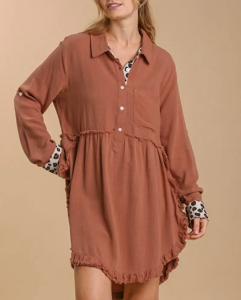 CANYON CLAY LEOPARD PRINT CUFFS ON SLEEVES BUTTON DOWN TUNIC DRESS