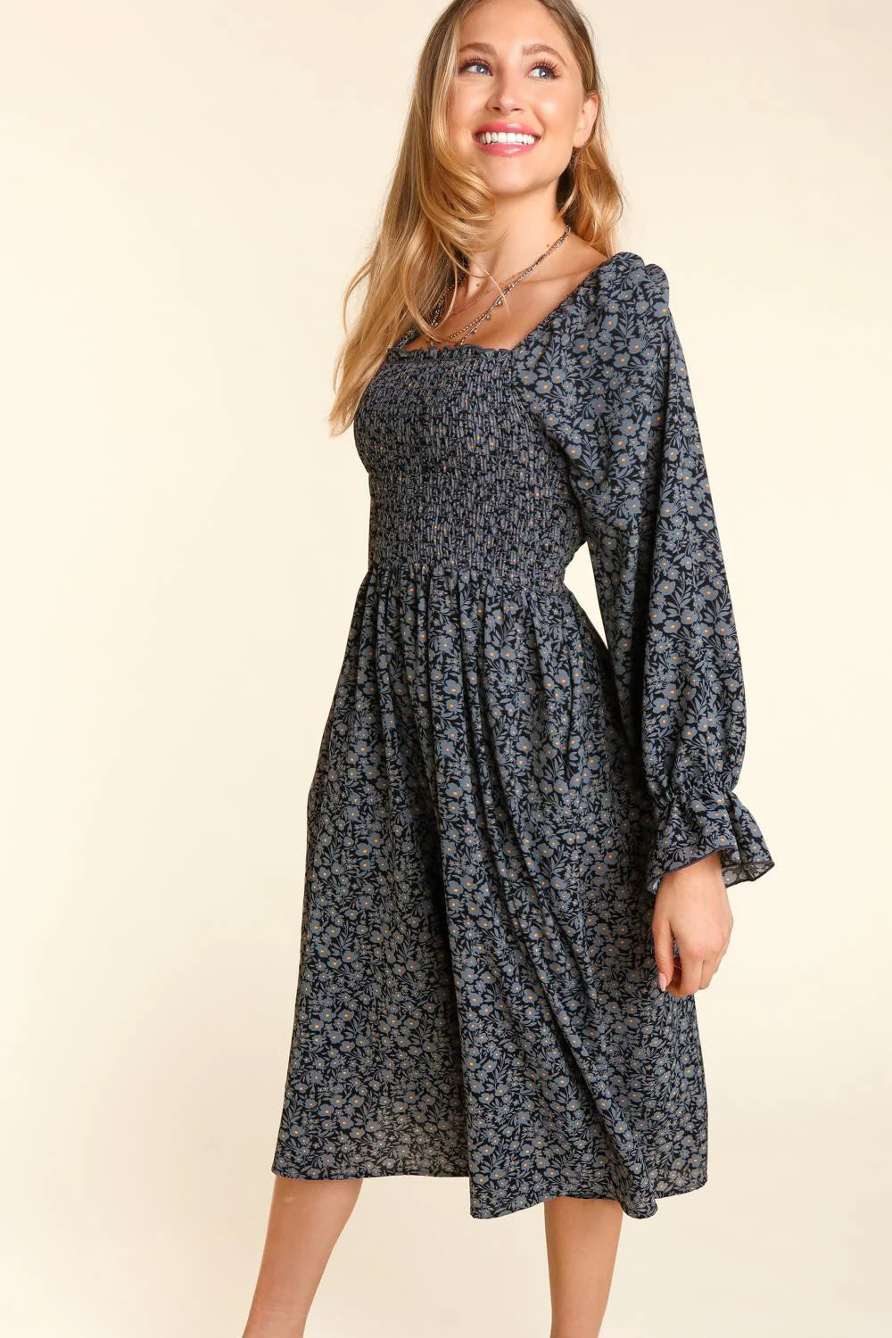 BLACK PRINTED SMOCKED FIT & FLARE POCKETED MIDI DRESS-PLUS