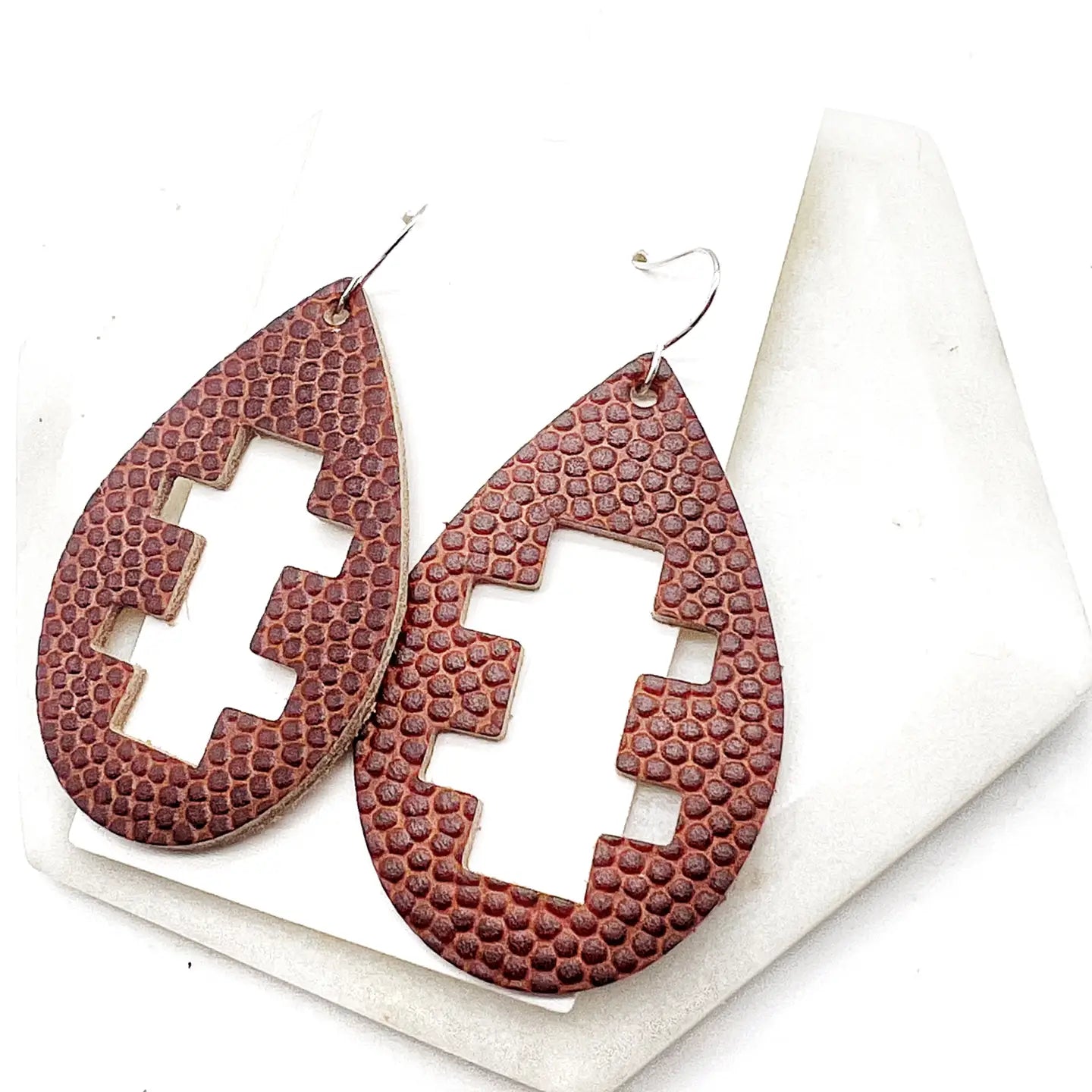 FOOTBALL LEATHER CUTOUT STATEMENT HANDMADE BBB EARRINGS