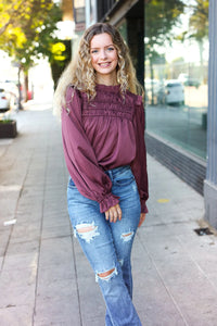 WINE MARSALA BE YOUR BEST SATIN SHIRRED YOKE FRILLY MOCK NECK BLOUSE