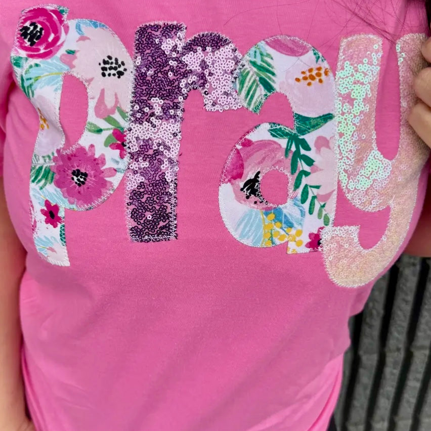 PRAY PINK FLORAL HANDMADE APPLIQUED SEQUIN TEE