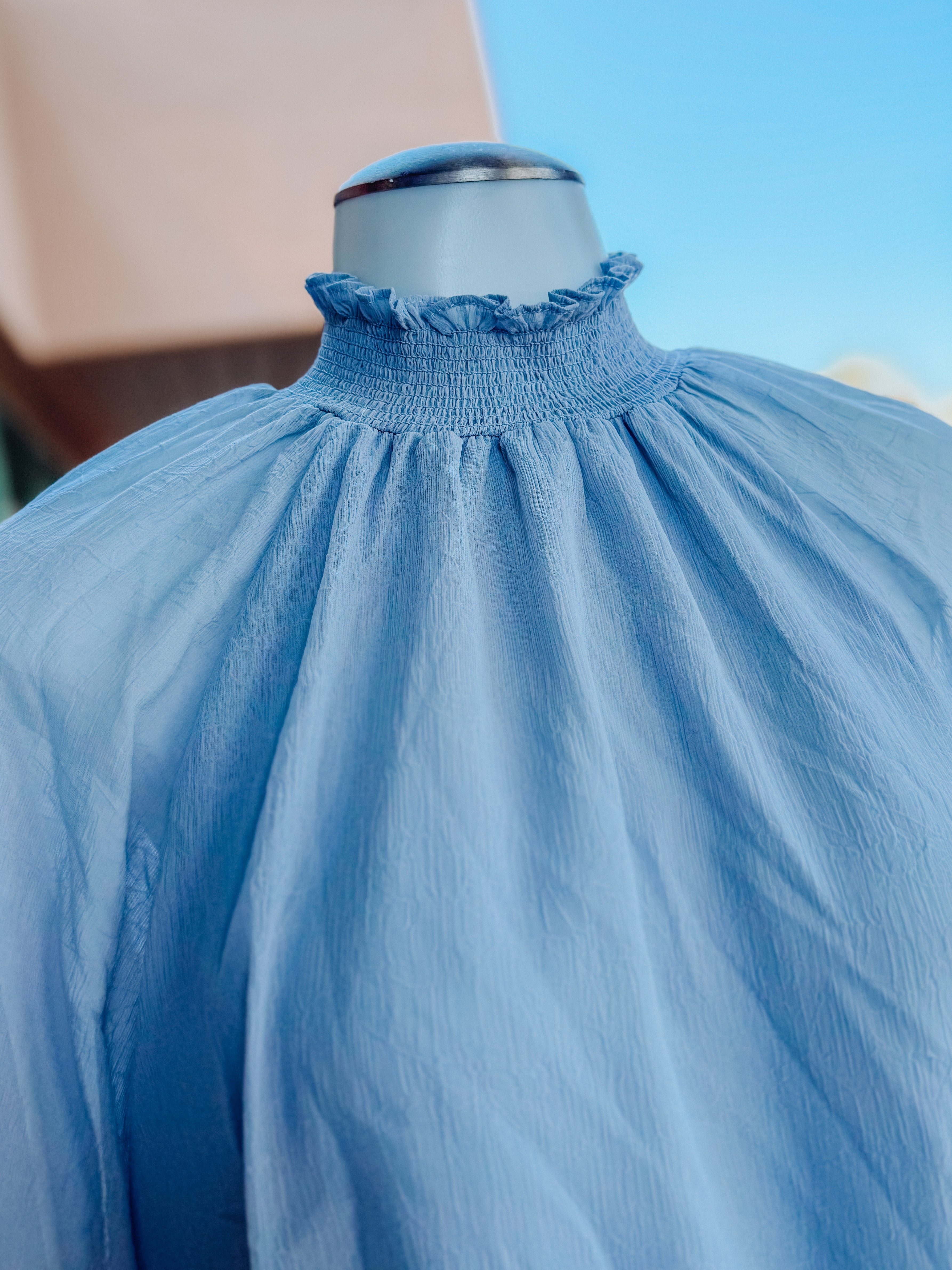 Blue Chiffon Ruched Neck Top- SALE