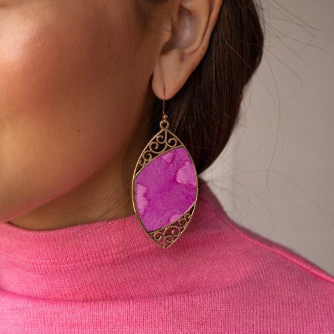 Fuchsia Gold Scroll Fuchsia Drop Earrings