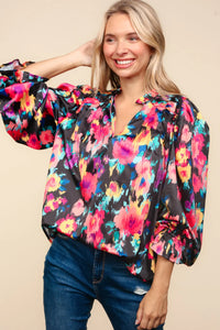 BUBBLE LONG SLEEVE FLORAL WOVEN TOP-PLUS