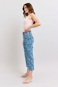 HIGH WAIST FLOWER PRINT CROPPED WIDE LEG JUDY BLUE DENIM MEDIUM WASH
