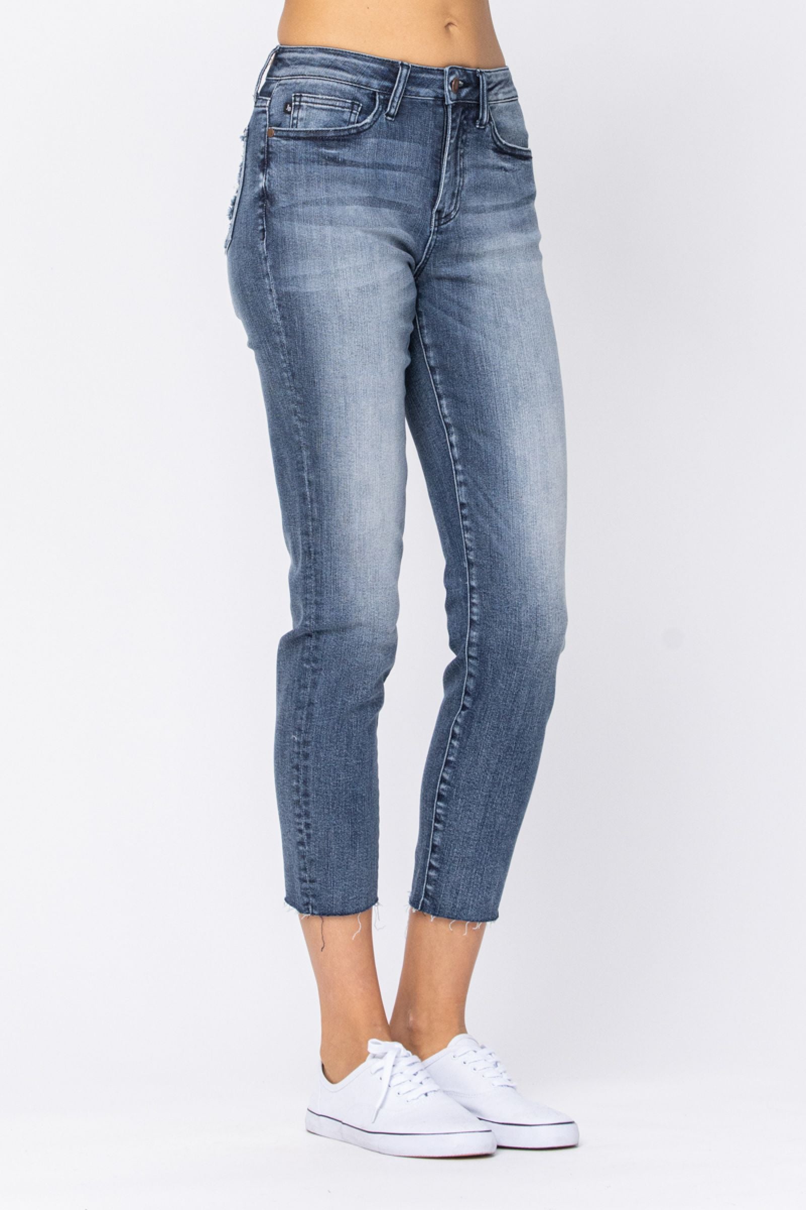 DARKWASH HIGH RISE RAW HEM RELAXED FIT JUDY BLUE DENIM-PLUS