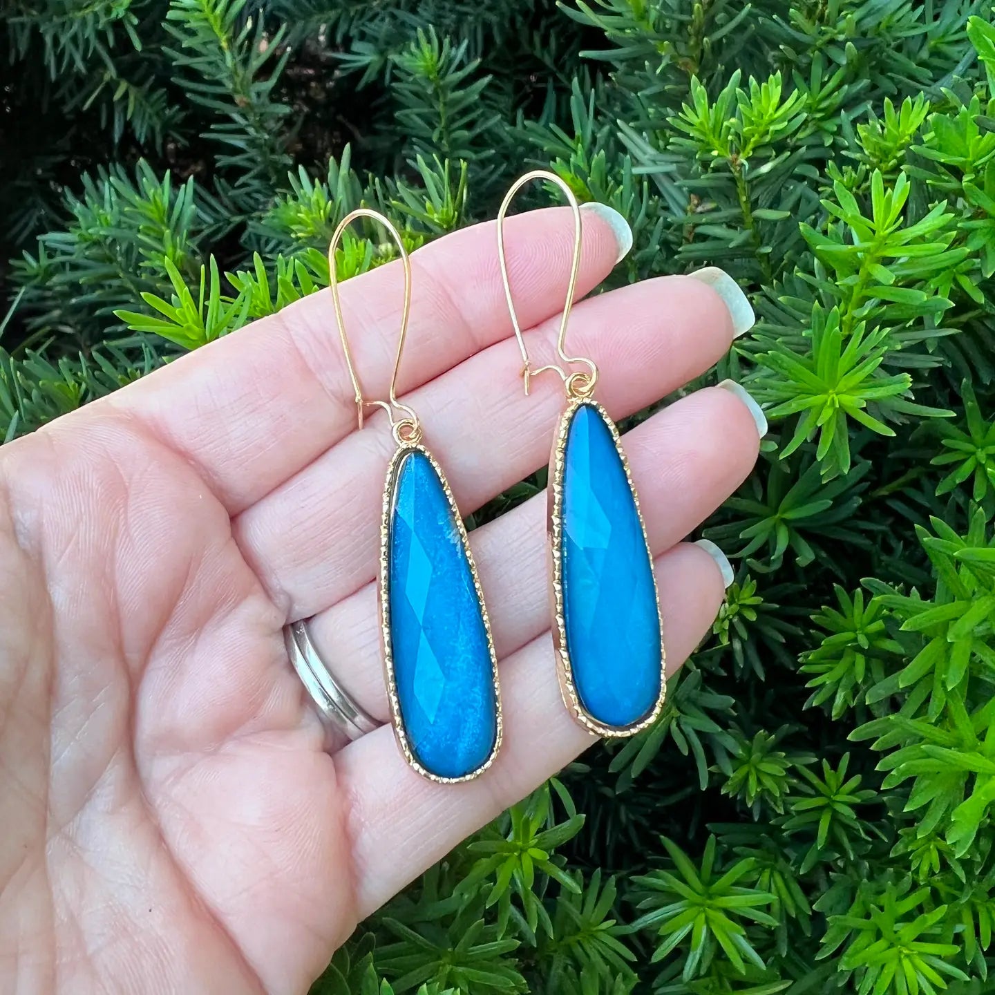 TURQUOISE GOLD LONG GEMSTONE TEARDROP ACRYLIC STATEMENT HANDMADE BBB EARRINGS