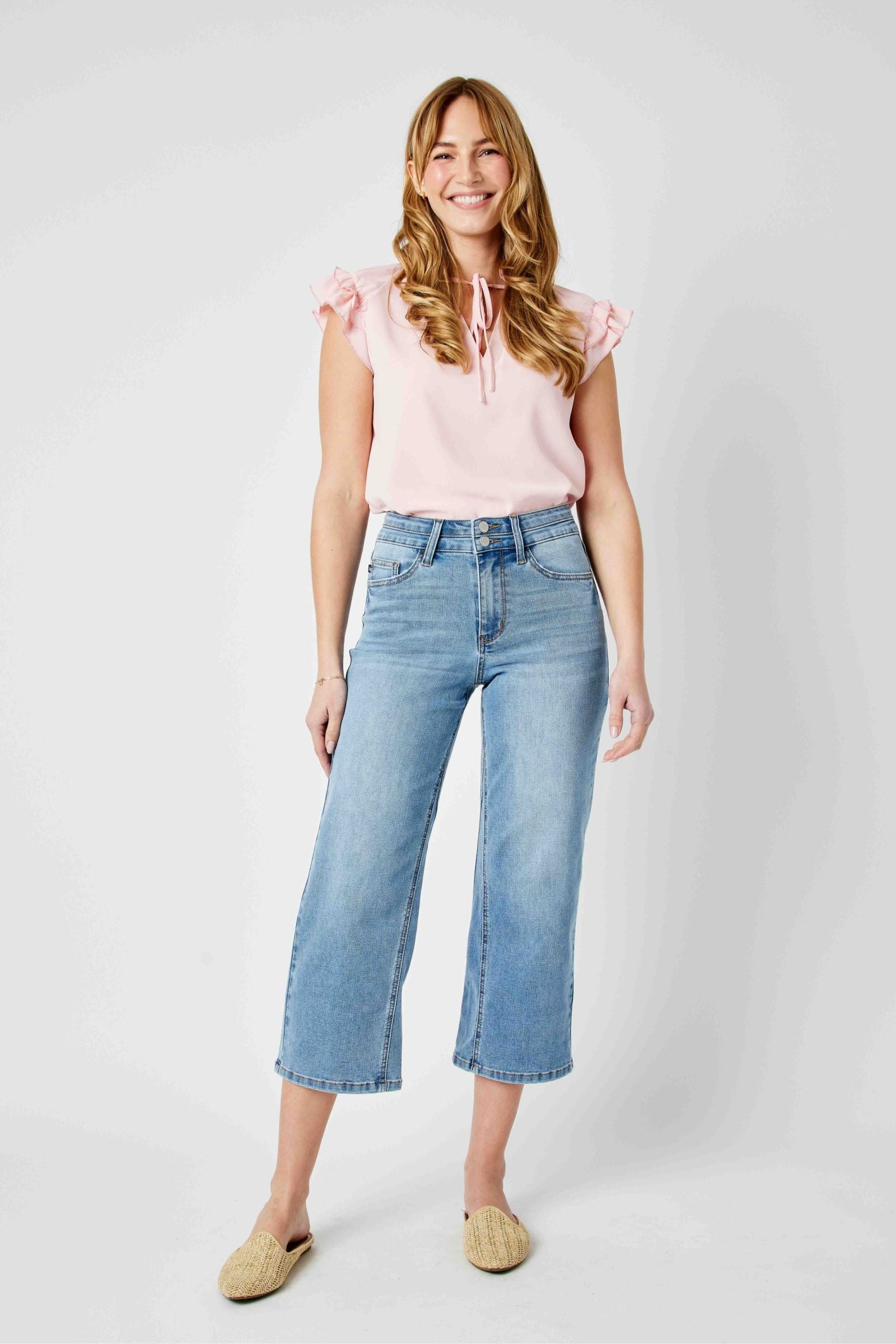 MEDIUM WASH HIGH WAIST DOUBLE WAISTBAND CROPPED WIDE LEG JUDY BLUE DENIM-PLUS