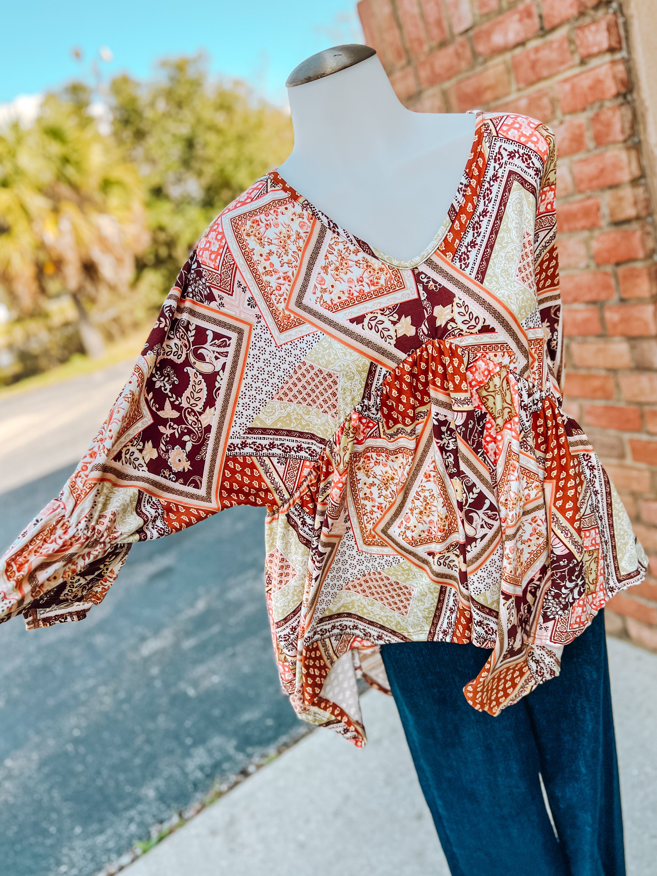 Rust Sepia Boho Sharkbite 3/4 Sleeve Top