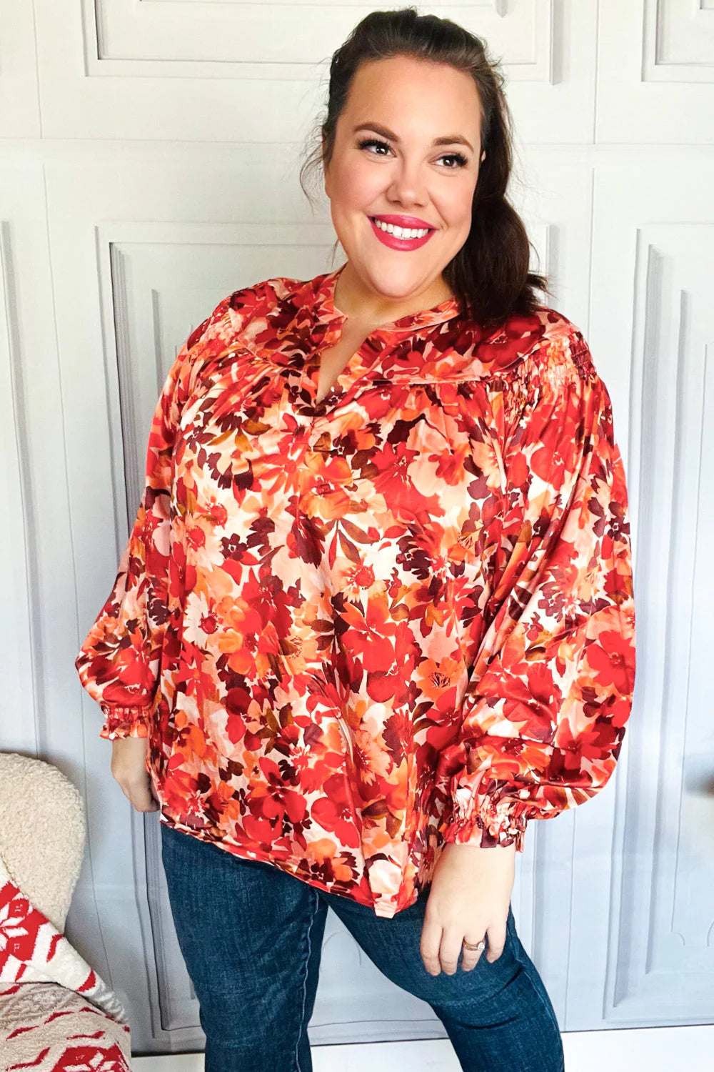 FALL VIBES RUST FLORAL PRINT NOTCHED NECK SMOCKED SATIN BLOUSE-PLUS