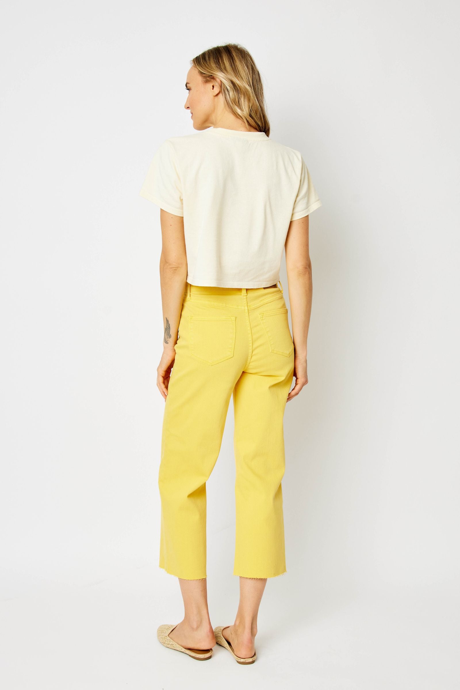 YELLOW HIGH WAIST GARMENT DYED BRAIDED WAISTBAND CROP WIDE LEG DENIM JUDY BLUE