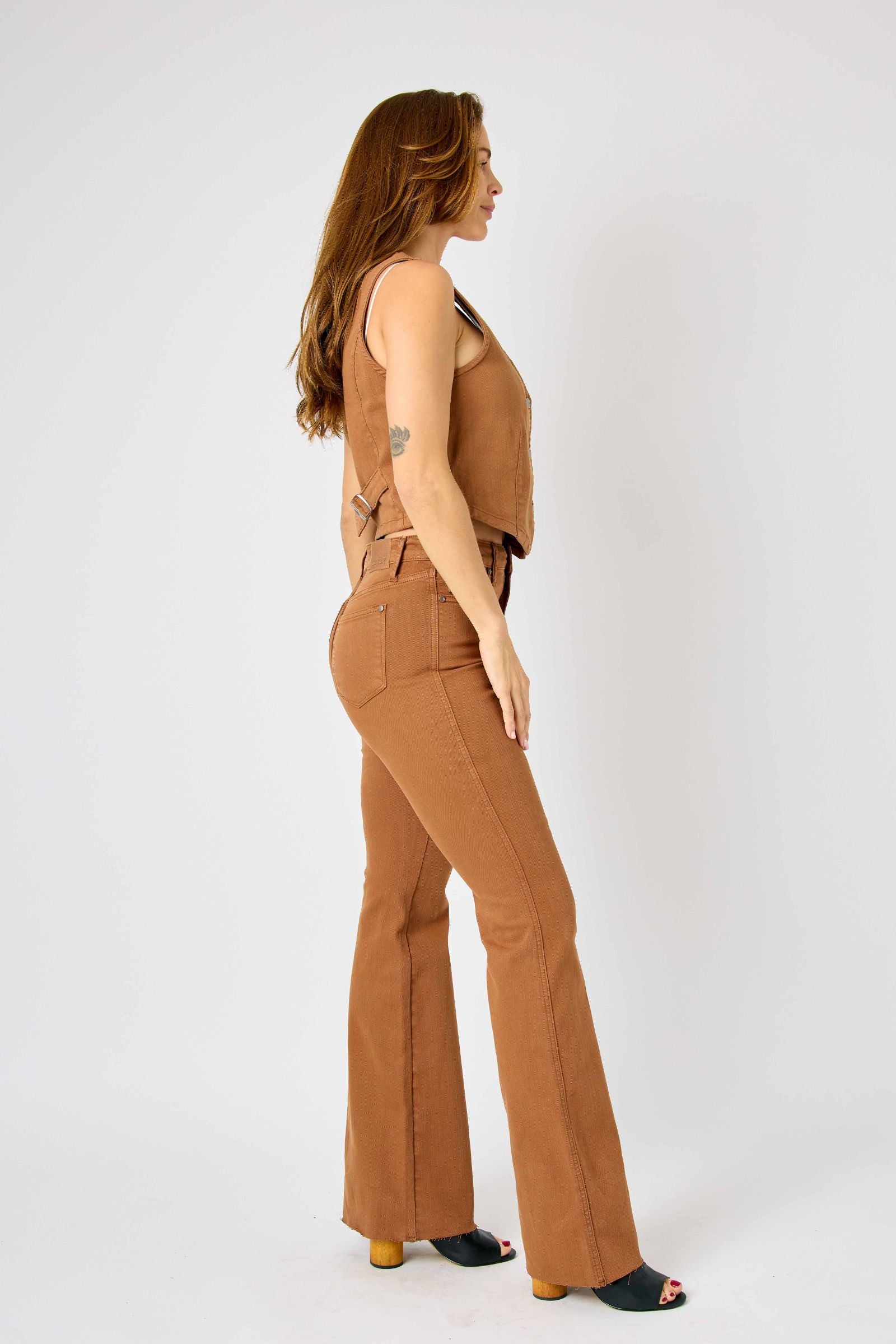 BROWN HIGH WAIST TUMMY CONTROL GARMENT DYED FLARE DENIM JUDY BLUE