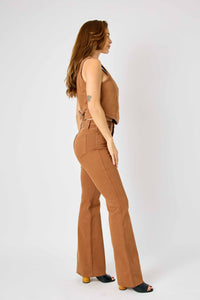 BROWN HIGH WAIST TUMMY CONTROL GARMENT DYED FLARE DENIM JUDY BLUE