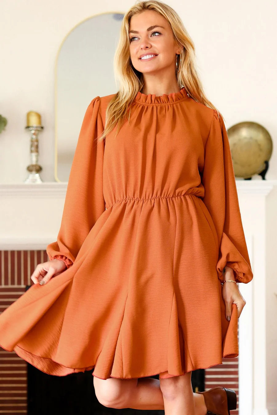 RUST MOCK RUFFLE NECK WOVEN DRESS