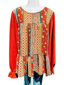 Rust Color Block Boho Longsleeve Printed Top-PLUS