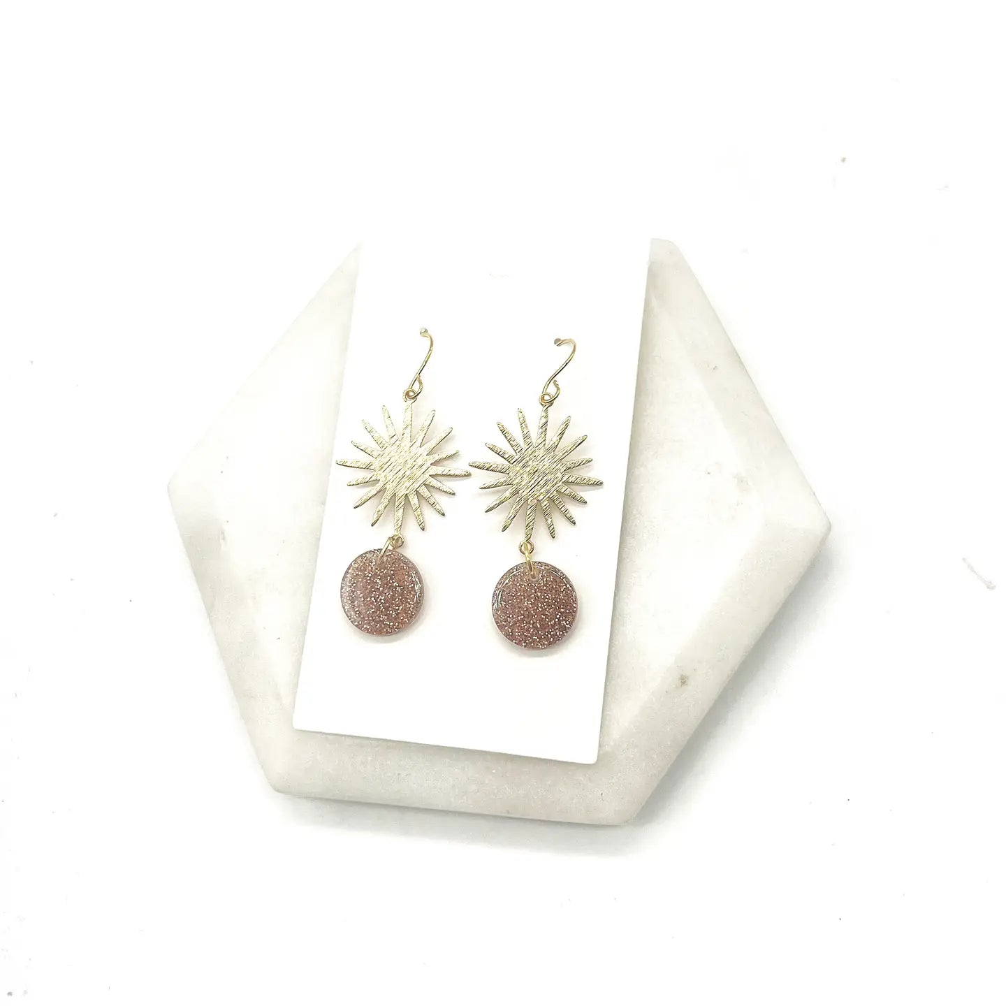 CINNAMON GLITTER GOLD SUNBURST METAL ACRYLIC HANDMADE BBB EARRINGS