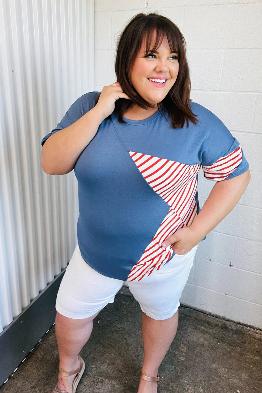 RED BLUE STAR STRIPE DETAIL FRENCH TERRY PATRIOTIC TOP- MEDIUM