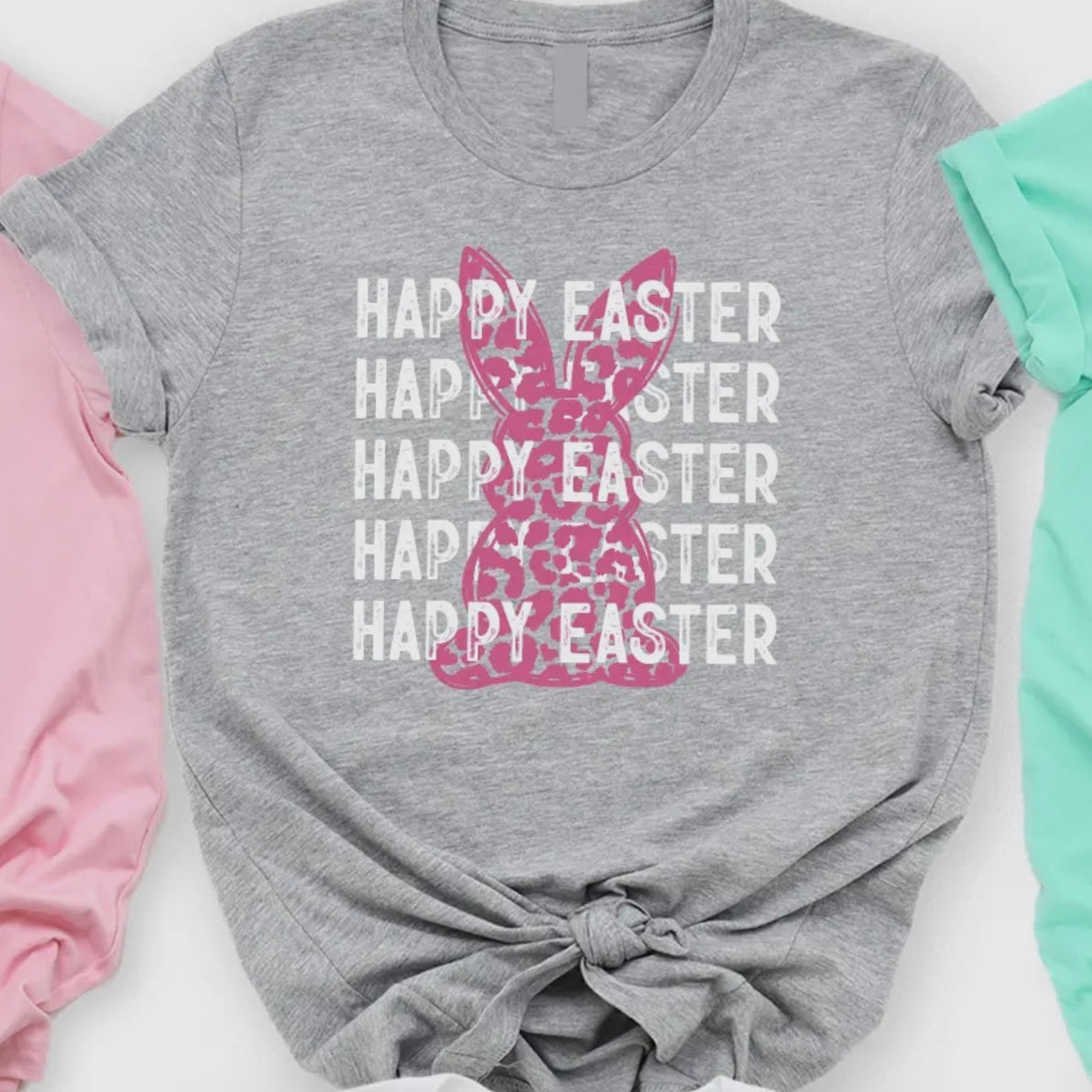 PINK CHEETAH BUNNY HAPPY EASTER GREY TEE