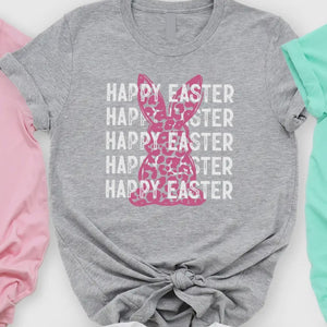 PINK CHEETAH BUNNY HAPPY EASTER GREY TEE