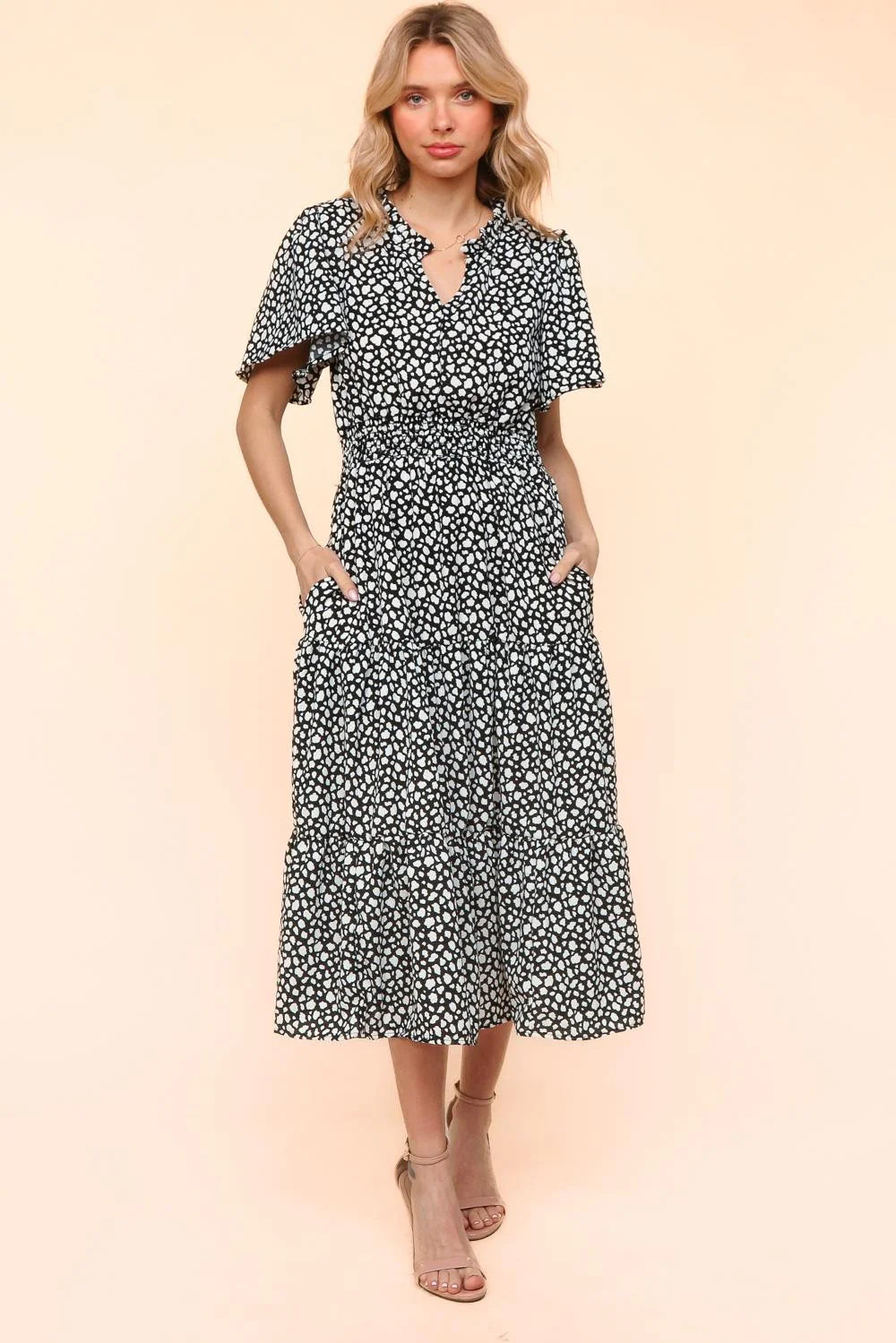 BLACK WHITE FIT & FLARE SMOCKED WAIST ANIMAL PRINT MAXI DRESS