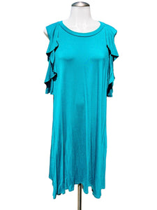 Teal Ruffle Cold Shoulder Dress-PLUS