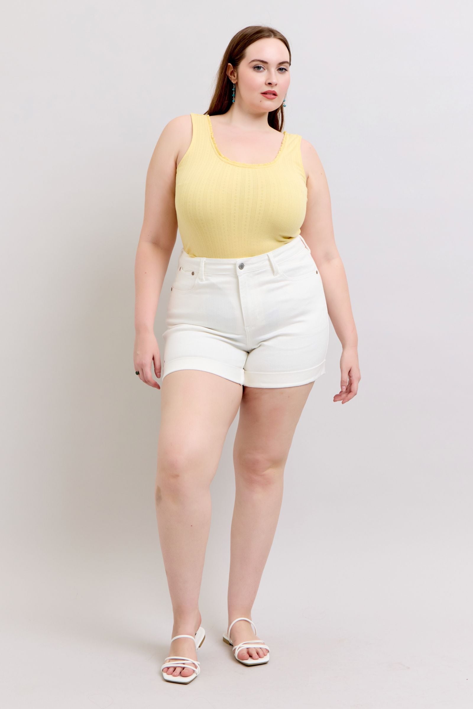 WHITE DOUBLE ROLL CUFFED JUDY BLUE SHORTS-PLUS