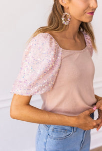 Rose Quartz Blush Sparkle Puff Sleeve Sequins Top