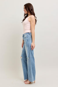 LIGHT WASH MID RISE TUMMY CONTROL DESTROYED WIDE LEG JUDY BLUE DENIM
