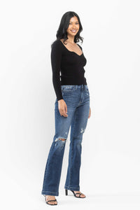 DARKWASH MID RISE HAND SAND DESTROYED BOOTCUT JUDY BLUE DENIM