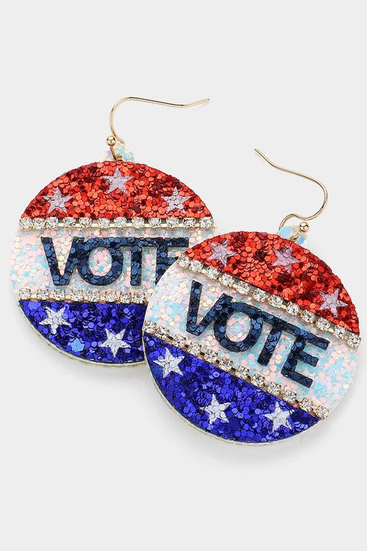 GLITTERED "VOTE" RED WHITE BLUE ROUND EARRINGS - SALE - 2 LEFT