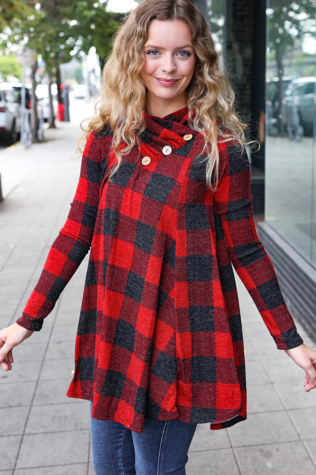 RED PLAID BUTTON NECK TUNIC