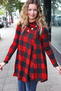 RED PLAID BUTTON NECK TUNIC