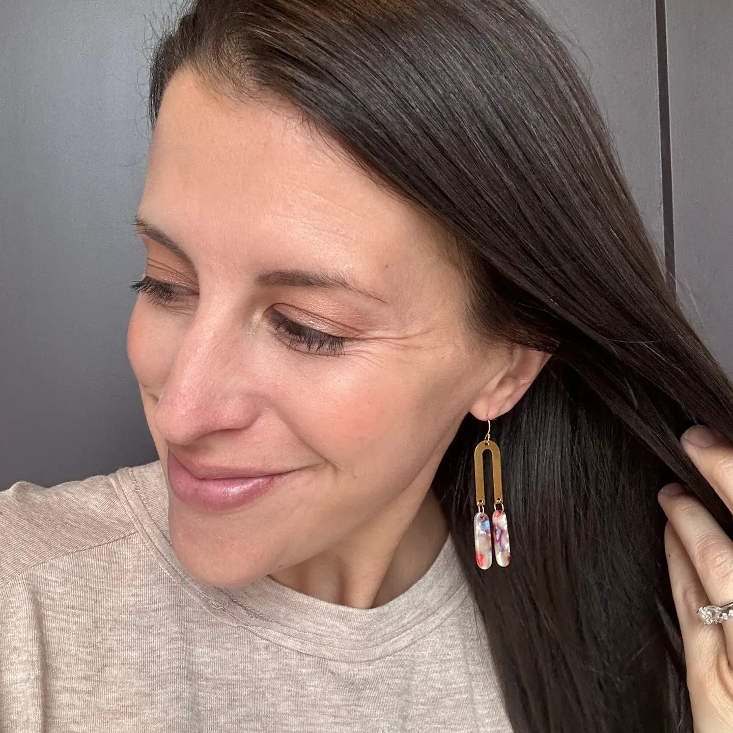 PINK CORAL BLUE ACRYLIC DANGLY GOLD OBLONGATED ARCH HANDMADE BBB EARRINGS