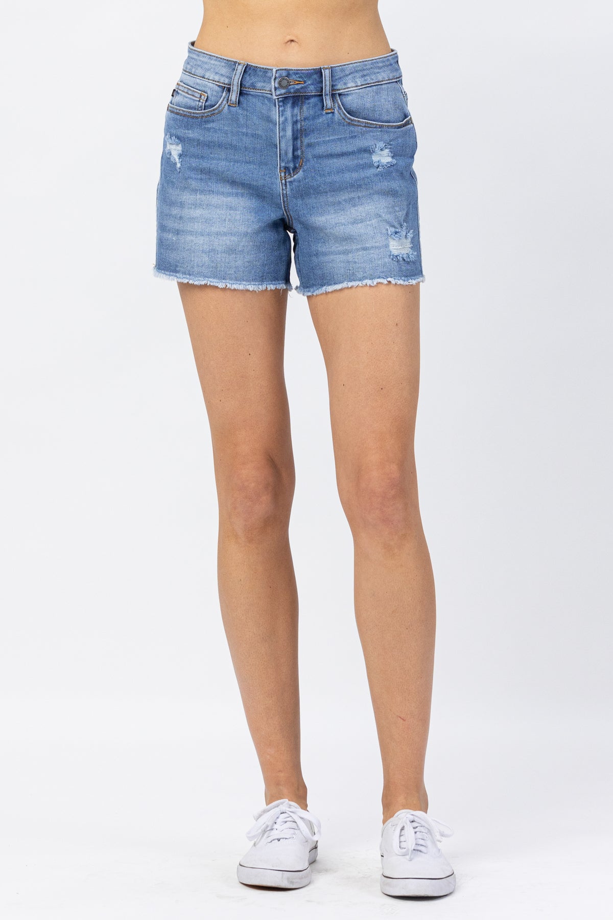 Judy Blue Denim Shorts Distressing Medium Wash High Waist-PLUS