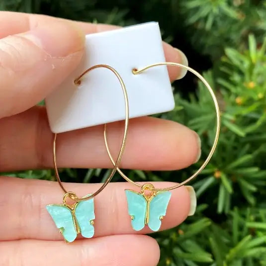TEAL MINT BUTTERFLY GEM STONE HOOP STATEMENT HANDMADE BBB EARRINGS