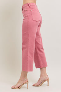 ROSE HIGH WAIST GARMENT DYED RAW HEM CROP WIDE LEG JUDY BLUE DENIM-PLUS