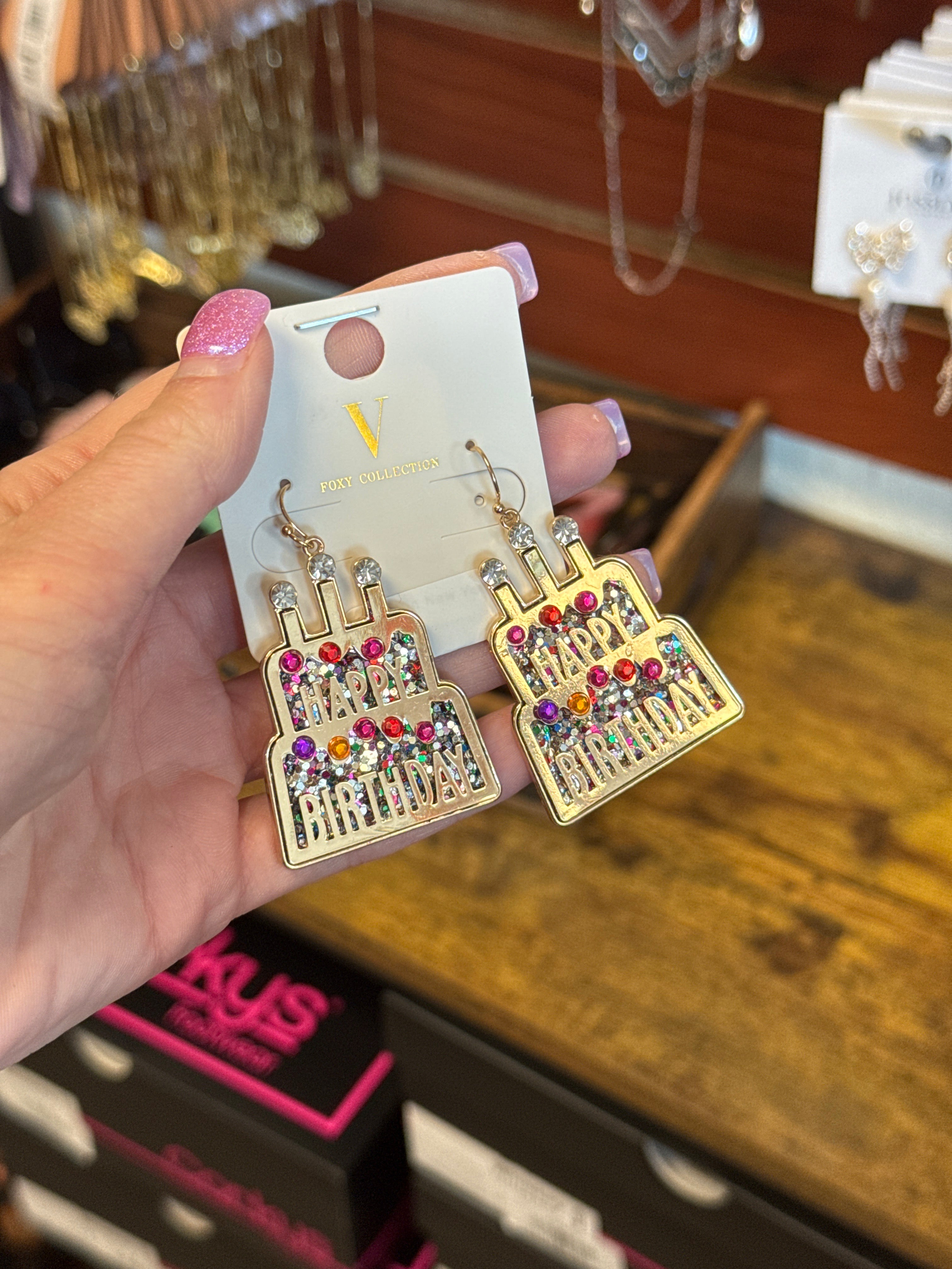 HAPPY BIRTHDAY GOLD MULTI COLOR 2" METAL DROP EARRINGS