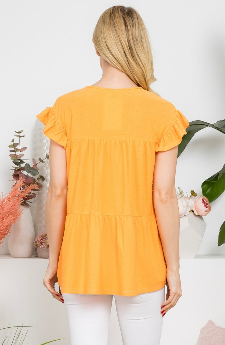 ORANGE PEACH SWISS DOT CAP SLEEVE ROUND NECK TOP- PLUS- SALE