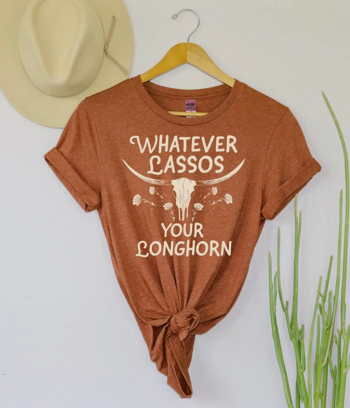 WHATEVER LASSOS YOUR LONGHORN HEATHER AUTUMN/RUST SOFT STYLE TEE