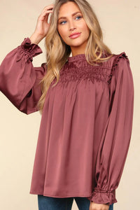 CHESTNUT MARSALA MAUVE MOCK NECK SATIN WOVEN RUCHED BLOUSE-PLUS