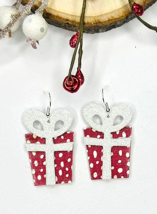 ALL WRAPPED UP GIFT BOX PRESENT CHRISTMAS BOW HANDMADE EARRINGS BY B.O.D