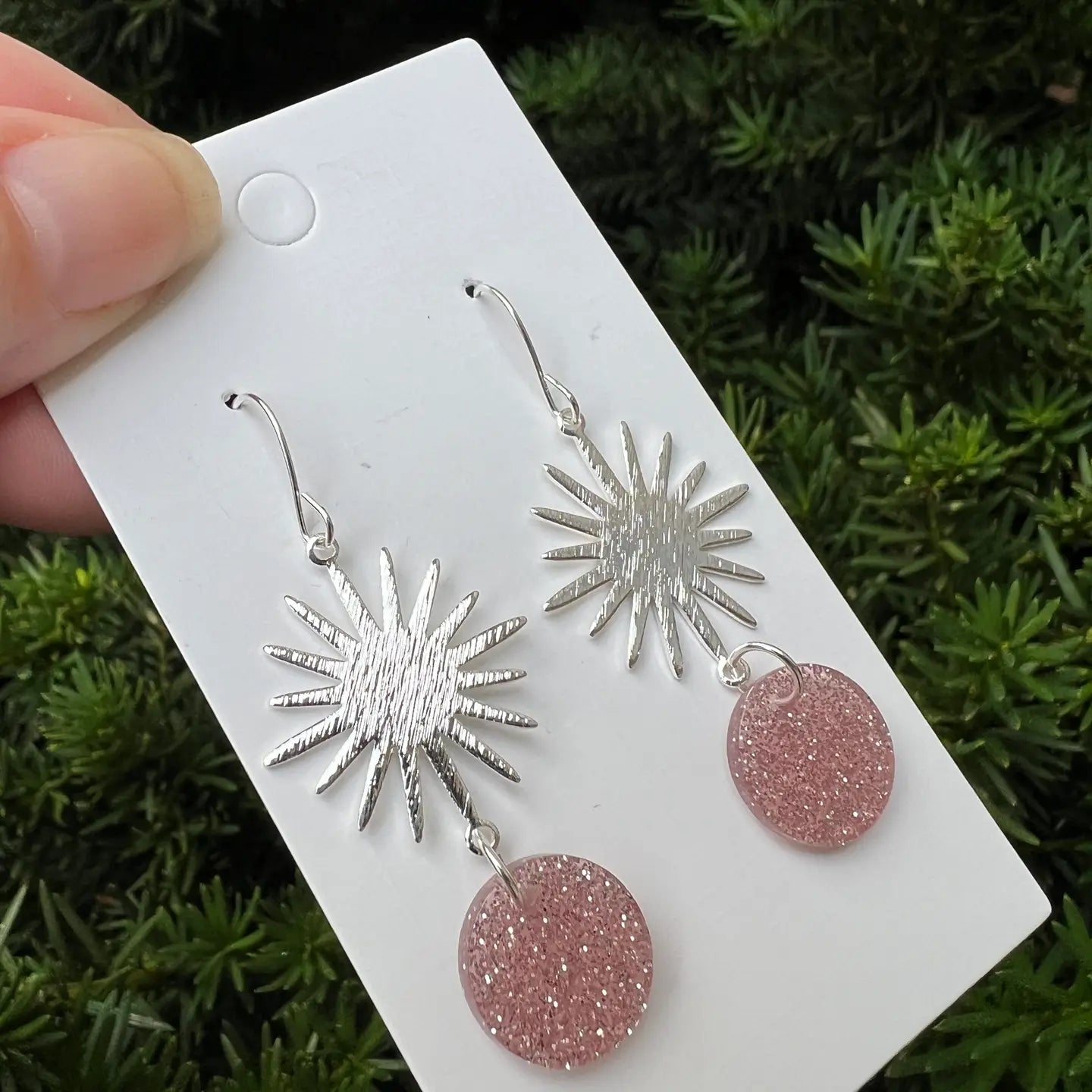 PINK GLITTER SILVER SUNBURST METAL ACRYLIC STATEMENT HANDMADE BBB EARRINGS