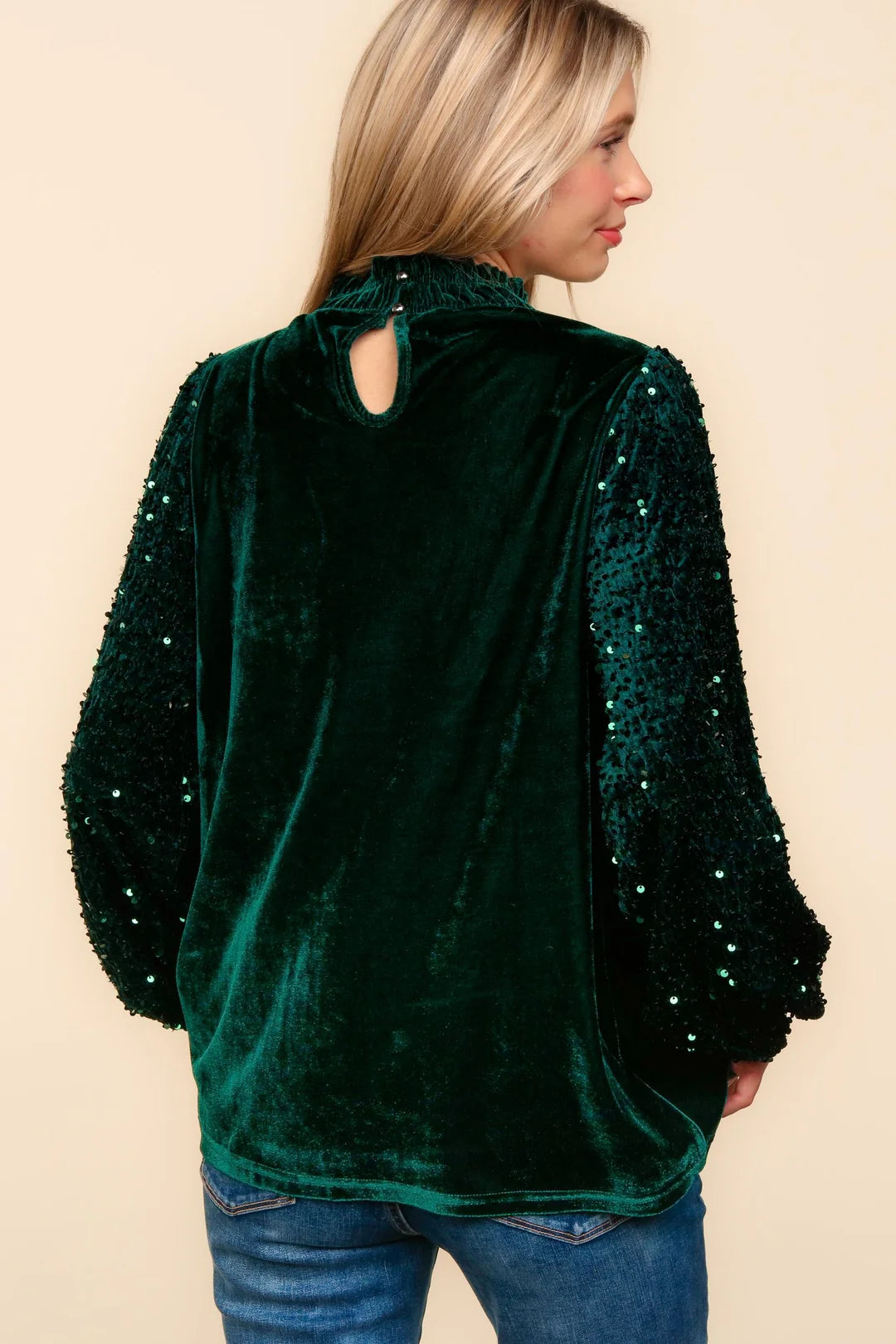 EMERALD GREEN VELVET SEQUINS WITH BACK BUTTON BLOUSE