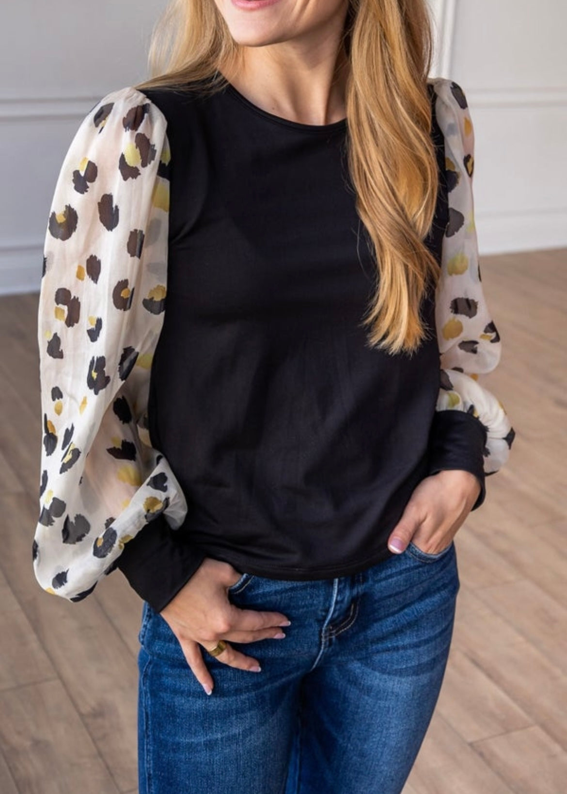 Black Gold Leopard Balloon Sleeve Dream Silky Chiffon Sleeve Top