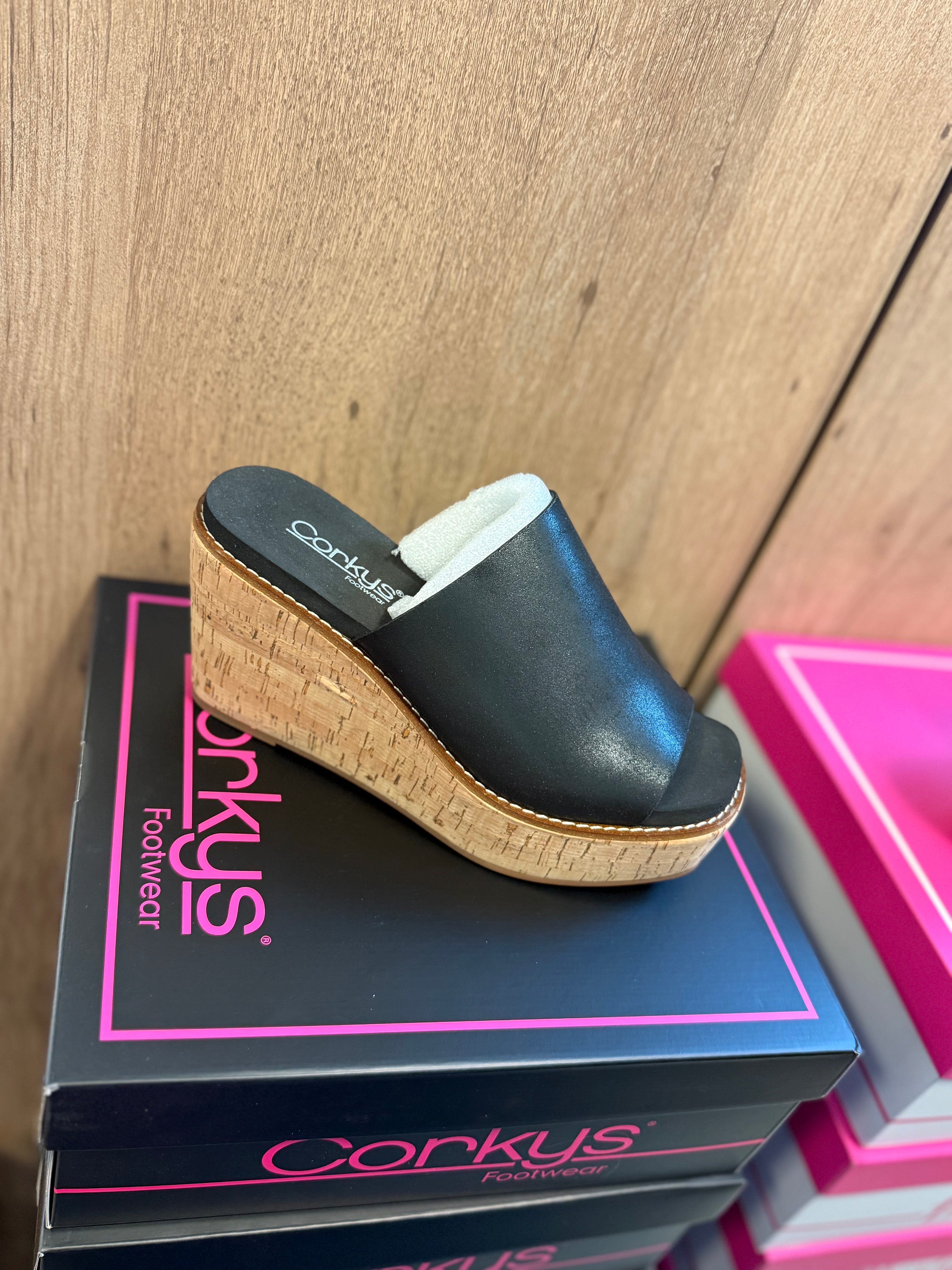 MUGSHOT BLACK OIL PU CORKYS SANDAL WEDGES