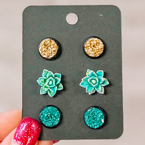 TEAL Succulent 10mm 3 Pack Black Bezel Druzy Earrings Pack