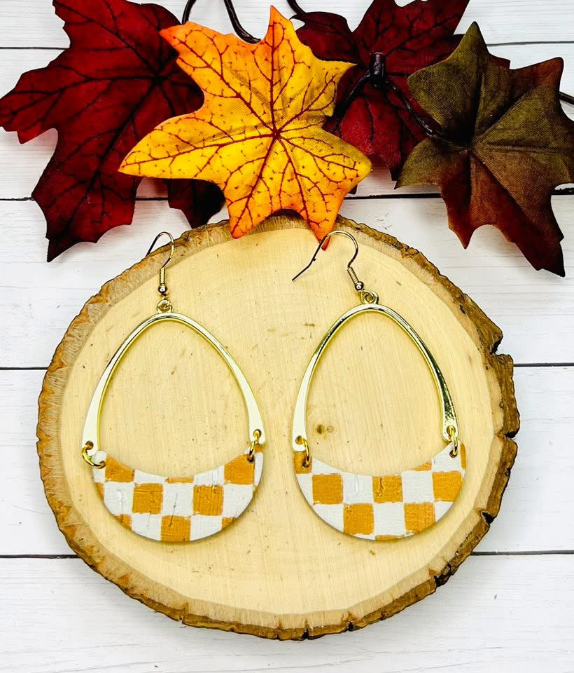 GOLD TEARDROP GOLDEN MUSTARD & IVORY CHECKERED PRINT DANGLES HANDMADE EARRINGS BY B.O.D