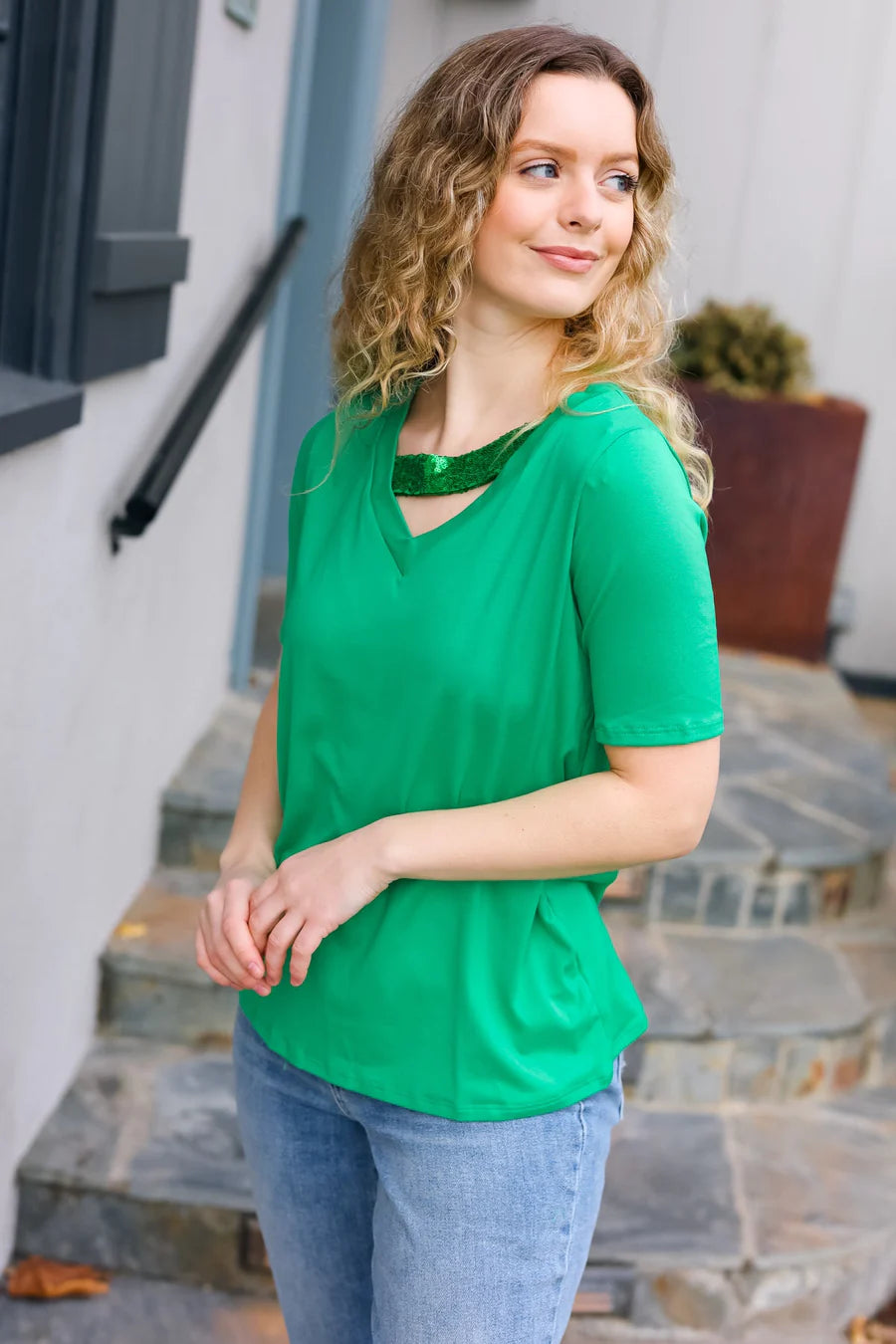 SEQUIN KELLY GREEN ASSYMETRICAL TOP- PLUS- SALE