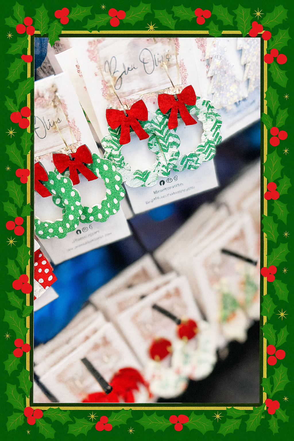 WREATH WITH RED METALLIC BOWS FOR CHRISTMAS HANDMADE EARRINGS BY B.O.D