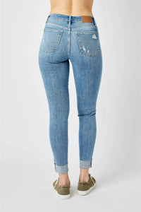 SKINNY MEDIUM WASH MID RISE DESTROYED CUFFED JUDY BLUE DENIM-PLUS